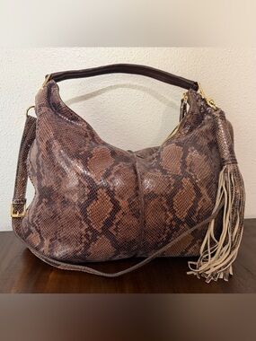 Gilli Brown Snake-Print Hobo Bag with Tassel
